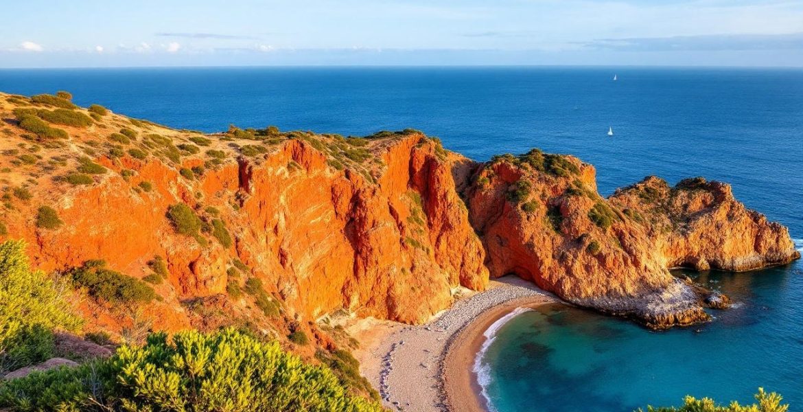 falaises-rouges-dominant-une-mer-turquoise-a-porto-ota-avec-une-petite-plage-de-galets-vegetation-cotiere-et-un-bateau-a-lhorizon-sous-une-lumiere-doree-de-fin-dapres-midi
