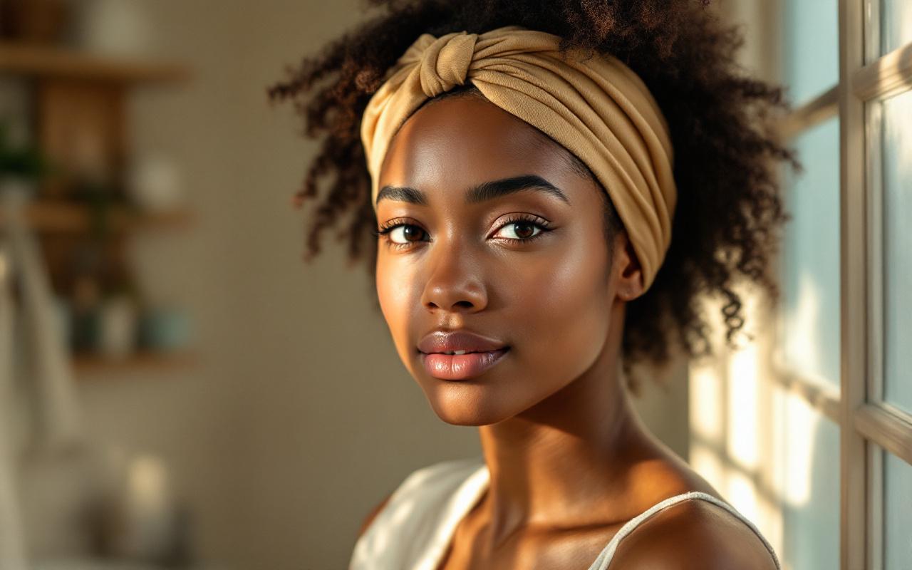Portrait d'une femme portant un large bandeau qui cache des racines grasses, assise pr&egrave;s d'une fen&ecirc;tre avec une lumi&egrave;re douce du matin, ambiance calme et tons neutres.