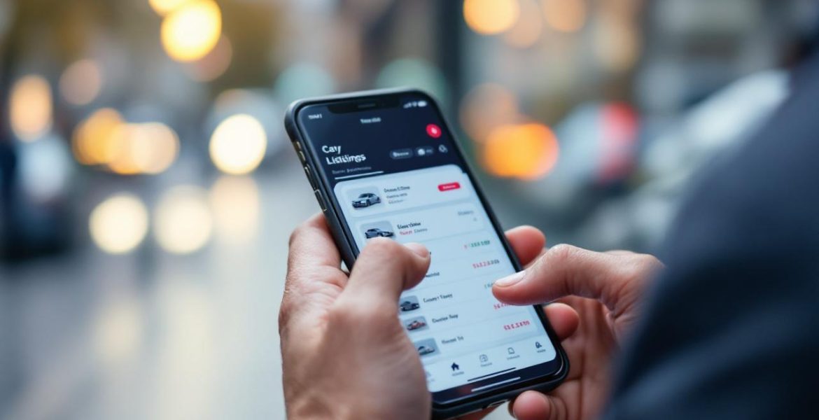 Conducteur consultant des annonces automobiles sur un smartphone en plein environnement urbain, avec une ambiance réaliste et journalistique.