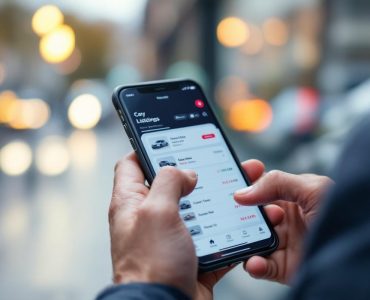 Conducteur consultant des annonces automobiles sur un smartphone en plein environnement urbain, avec une ambiance réaliste et journalistique.