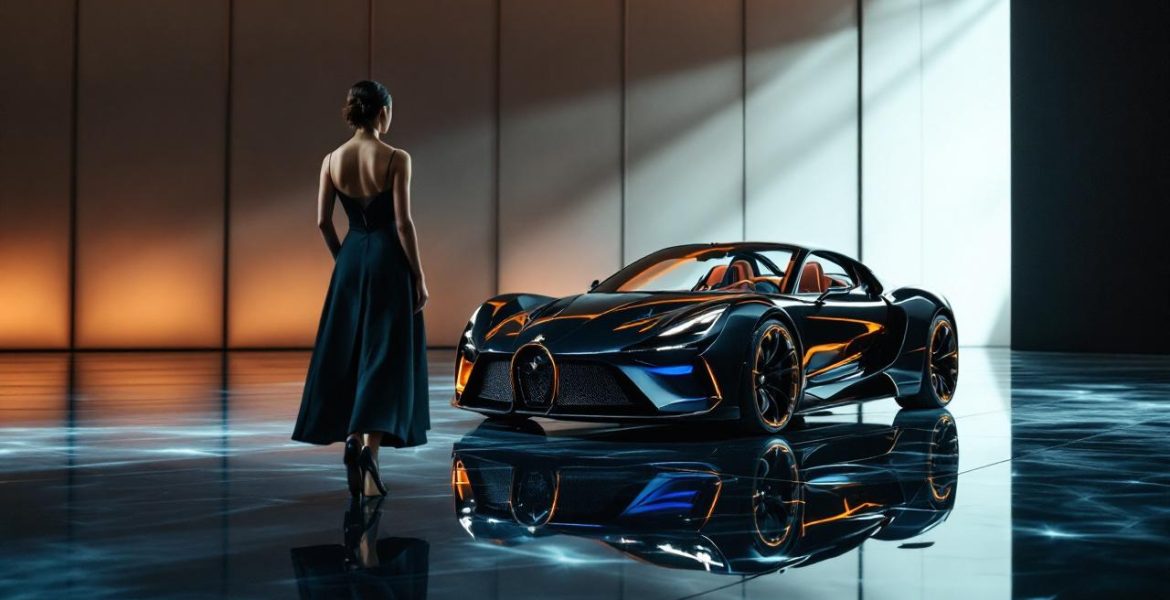 Supercar de luxe sur un sol brillant de studio, une femme en tenue élégante de style premium, éclairage éditorial et reflets cinématographiques dans une ambiance haut de gamme.