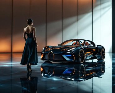 Supercar de luxe sur un sol brillant de studio, une femme en tenue élégante de style premium, éclairage éditorial et reflets cinématographiques dans une ambiance haut de gamme.