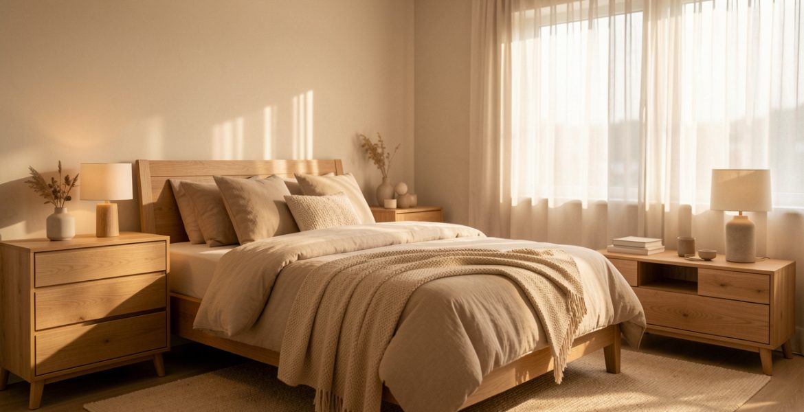 Chambre moderne et apaisante, avec meubles assortis, lit impeccable, tissus doux et lumière chaleureuse diffusée par des rideaux translucides.