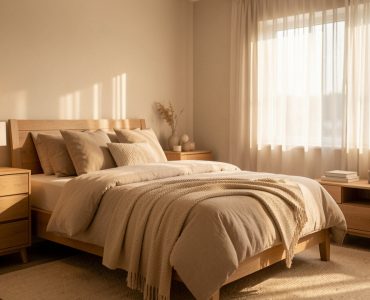 Chambre moderne et apaisante, avec meubles assortis, lit impeccable, tissus doux et lumière chaleureuse diffusée par des rideaux translucides.
