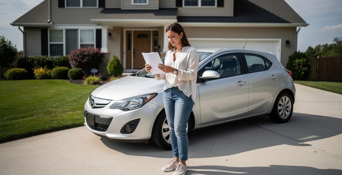 Une conductrice examine des documents d’assurance vierges près de sa voiture récente garée devant une maison, dans une ambiance lumineuse et réaliste.