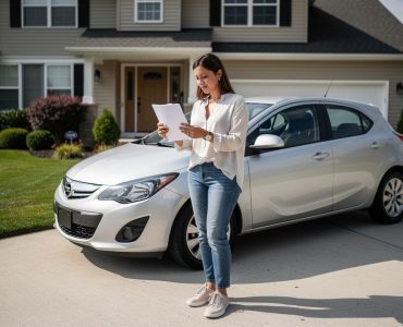 Une conductrice examine des documents d’assurance vierges près de sa voiture récente garée devant une maison, dans une ambiance lumineuse et réaliste.