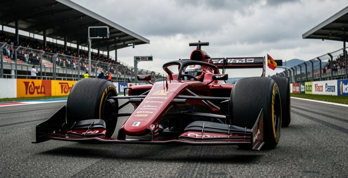 Monoplace de course moderne de 2026 sur une grille de départ, avec ses ailerons actifs visibles dans une ambiance de Grand Prix international.