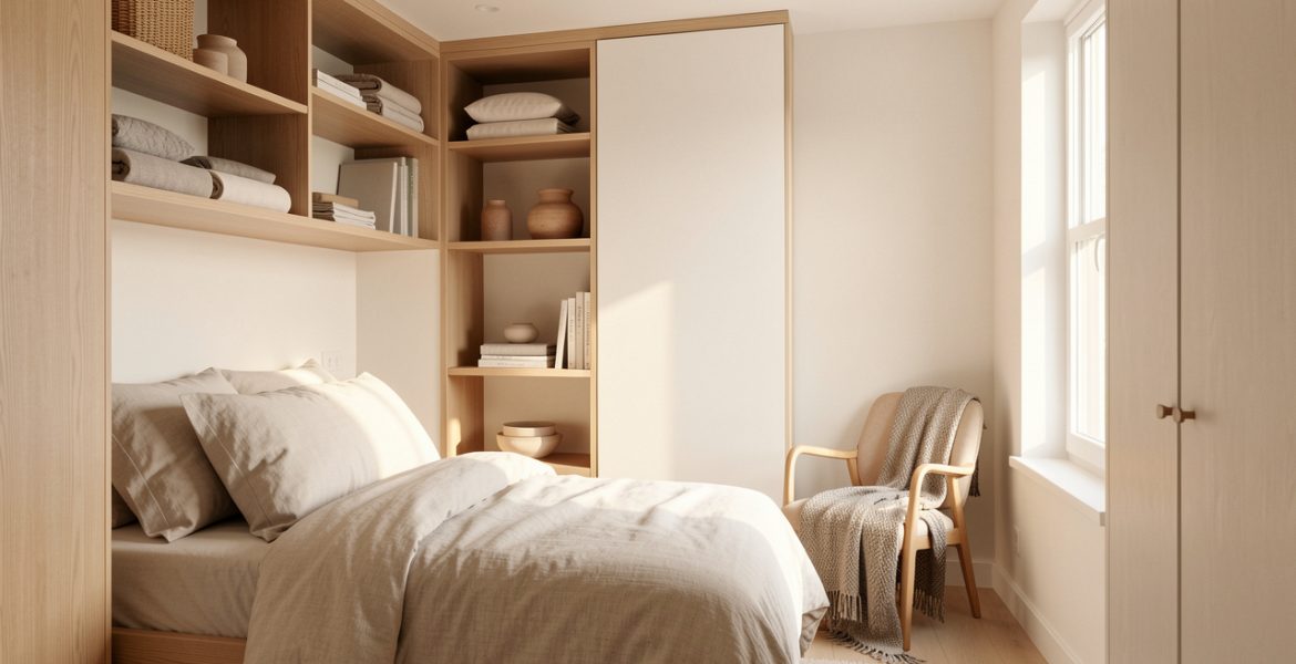 Petite chambre lumineuse et bien organisée, avec rangements malins intégrés, linge soigneusement plié, décoration minimaliste et ambiance douce et épurée.