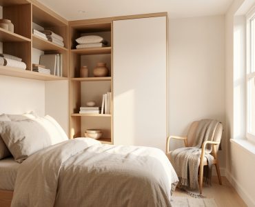 Petite chambre lumineuse et bien organisée, avec rangements malins intégrés, linge soigneusement plié, décoration minimaliste et ambiance douce et épurée.