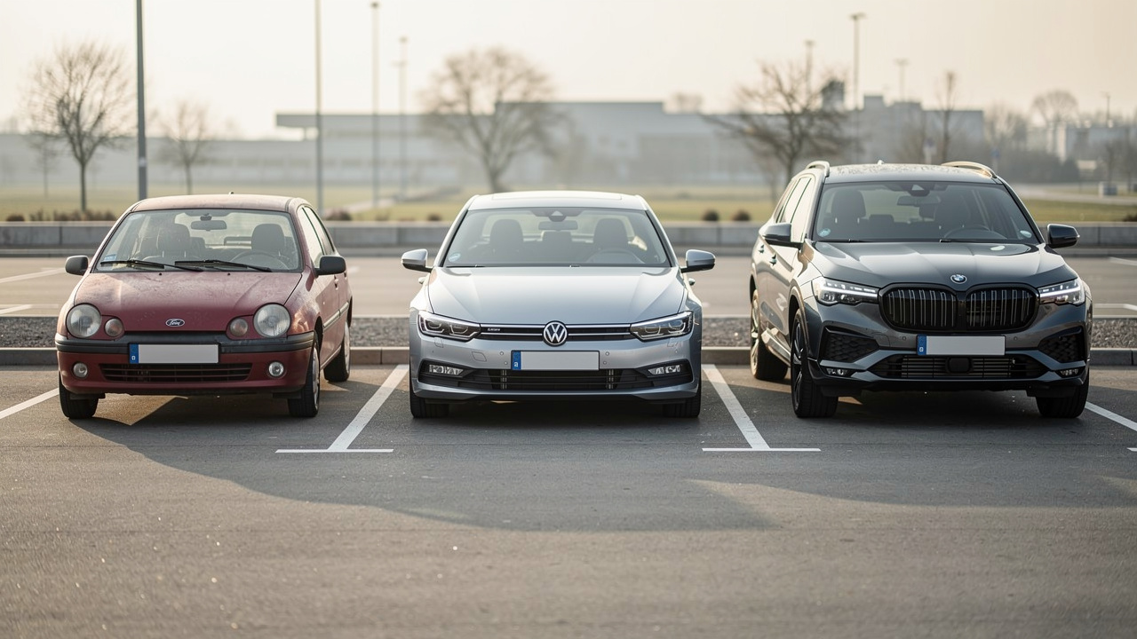 Trois voitures d’âges différents alignées sur un parking : une ancienne citadine, une berline d’occasion et un SUV récent.