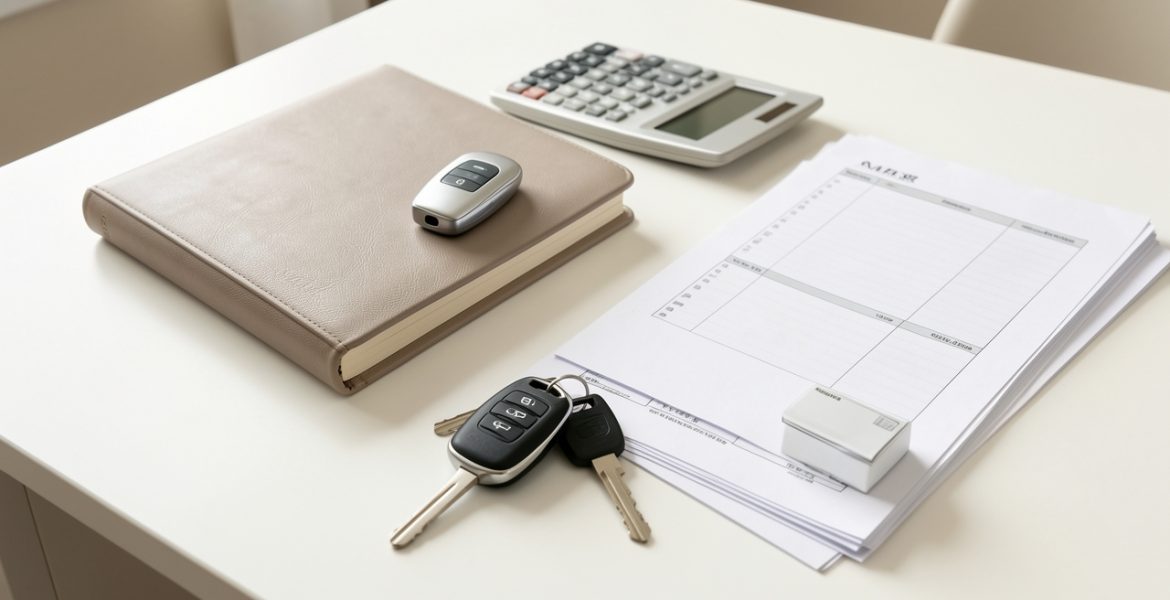 Nature morte montrant une voiture moderne, un carnet de budget fermé, une calculatrice, des clés et des documents vierges disposés sur une table lumineuse.