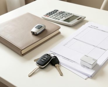 Nature morte montrant une voiture moderne, un carnet de budget fermé, une calculatrice, des clés et des documents vierges disposés sur une table lumineuse.