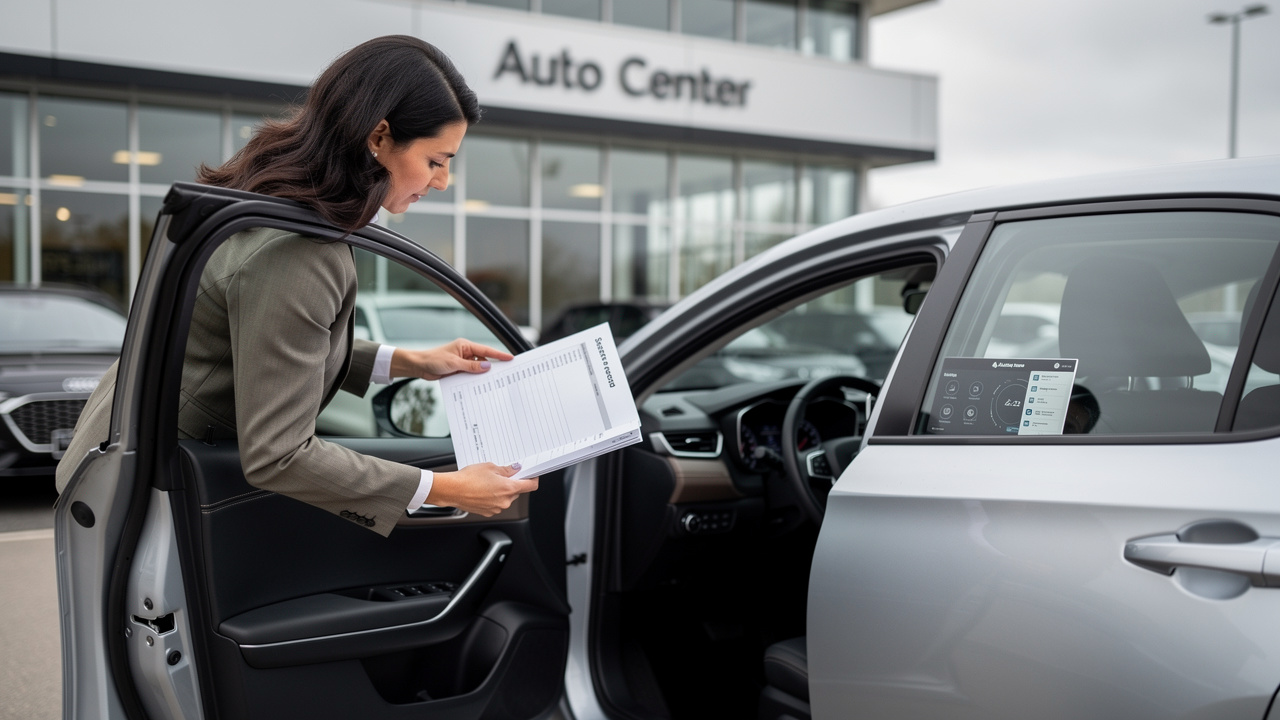 Acheteuse inspectant une voiture d’occasion devant un concessionnaire, avec le carnet d’entretien ouvert et le compteur visibles.