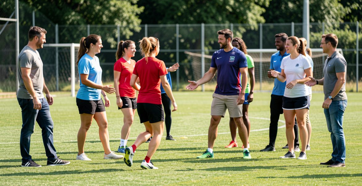 Groupe diversifié d’hommes et de femmes adultes participant à un atelier sportif inclusif sur un terrain de football, avec des recruteurs en tenue décontractée dans une ambiance professionnelle et naturelle.