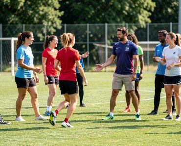 Groupe diversifié d’hommes et de femmes adultes participant à un atelier sportif inclusif sur un terrain de football, avec des recruteurs en tenue décontractée dans une ambiance professionnelle et naturelle.