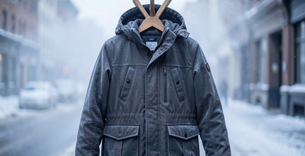 Parka chaude et isolante suspendue sur un portant en bois dans une atmosphère urbaine froide et givrée.