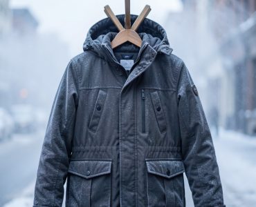 Parka chaude et isolante suspendue sur un portant en bois dans une atmosphère urbaine froide et givrée.
