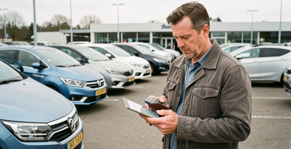 Un homme compare plusieurs véhicules stationnés tout en consultant son budget dans un espace automobile.