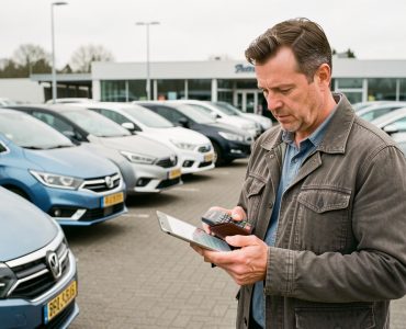 Un homme compare plusieurs véhicules stationnés tout en consultant son budget dans un espace automobile.