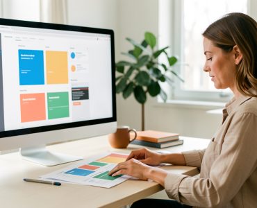Une femme designer travaille sur un portfolio numérique et des maquettes d’interface dans un espace de travail moderne baigné de lumière naturelle.