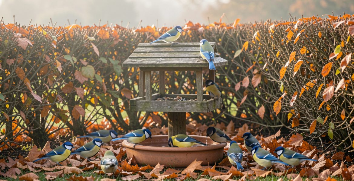Jardin français en automne avec des mésanges autour d’une mangeoire en bois, une coupelle d’eau peu profonde et une haie naturelle baignée par la douce lumière du matin.
