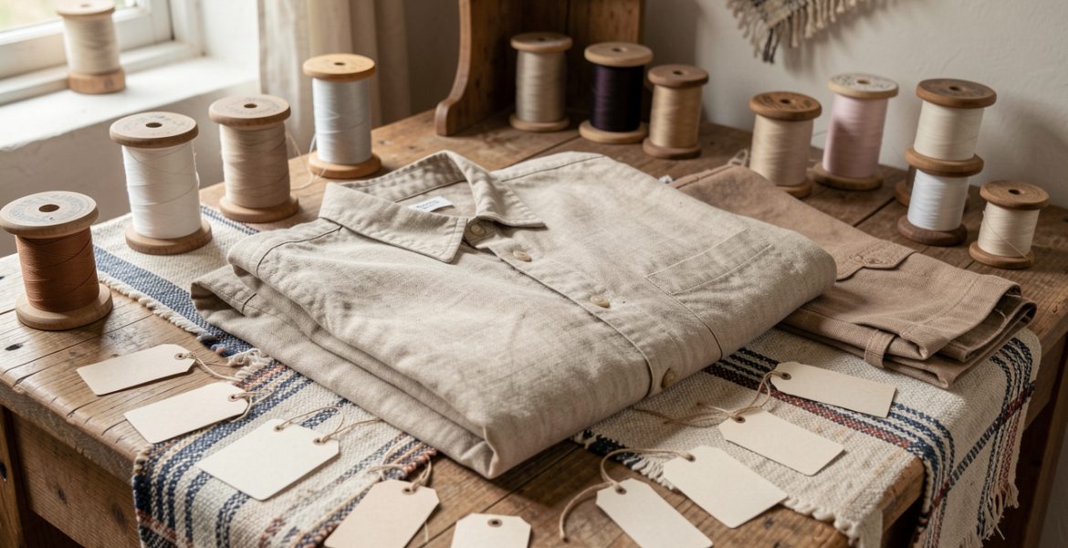 Chemise et pantalon en lin naturel disposés sur une table d’atelier textile breton, entourés de bobines de fil et d’étiquettes vierges, sous une lumière douce.