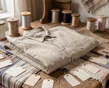 Chemise et pantalon en lin naturel disposés sur une table d’atelier textile breton, entourés de bobines de fil et d’étiquettes vierges, sous une lumière douce.