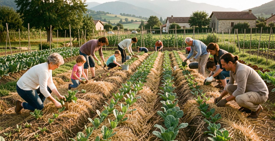 Potager collectif de 500 m² dans la Drôme, avec des bénévoles de tous âges travaillant entre des rangs de légumes paillés sous une lumière matinale douce.