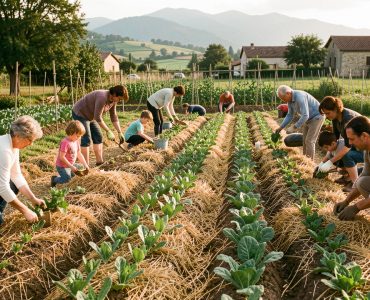 Potager collectif de 500 m² dans la Drôme, avec des bénévoles de tous âges travaillant entre des rangs de légumes paillés sous une lumière matinale douce.
