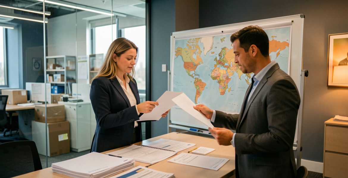 Une femme et un homme professionnels de la logistique examinent des documents de transport vierges devant une carte du monde dans un bureau de fret international.