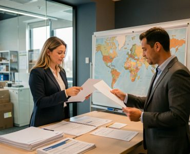 Une femme et un homme professionnels de la logistique examinent des documents de transport vierges devant une carte du monde dans un bureau de fret international.